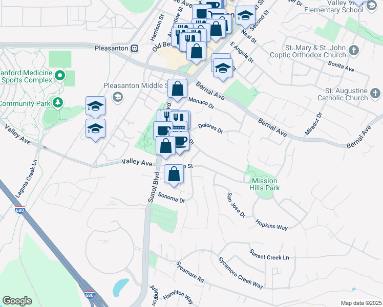 map of restaurants, bars, coffee shops, grocery stores, and more near 5345 Sonoma Drive in Pleasanton