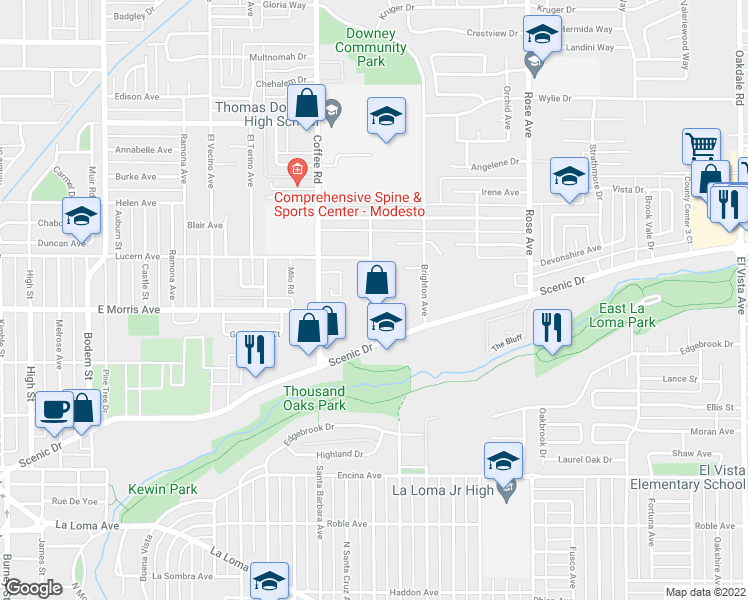 map of restaurants, bars, coffee shops, grocery stores, and more near 500 Sunnyside Avenue in Modesto