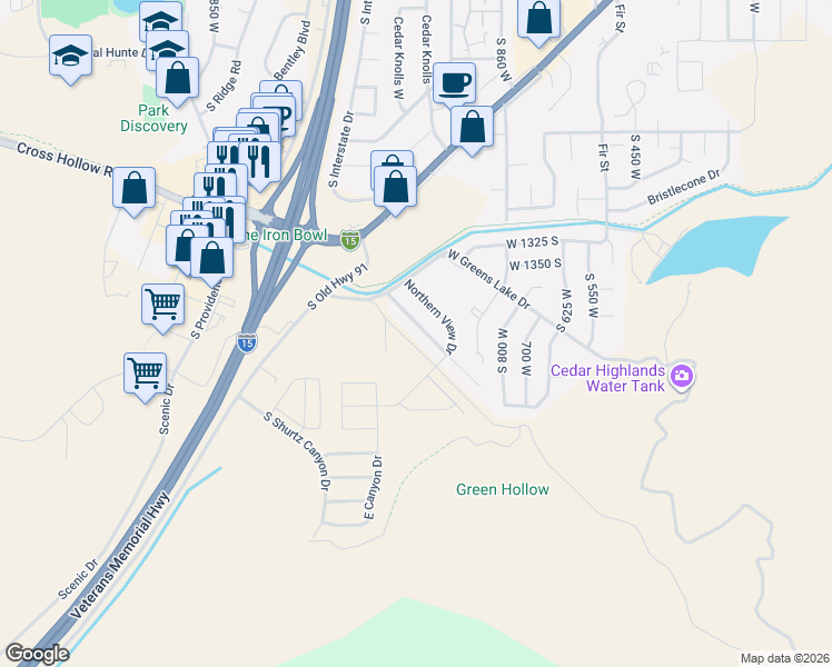 map of restaurants, bars, coffee shops, grocery stores, and more near 1452 Southern View Drive in Cedar City