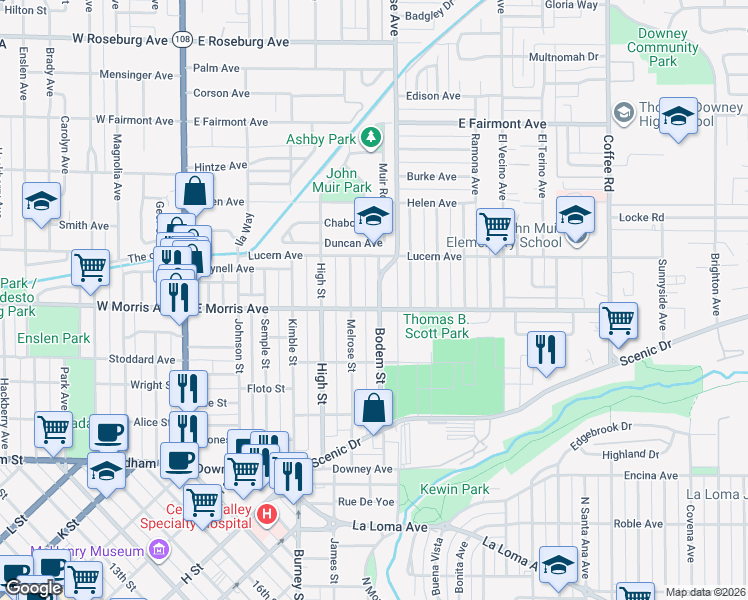 map of restaurants, bars, coffee shops, grocery stores, and more near 512 Bodem Street in Modesto