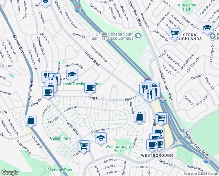 map of restaurants, bars, coffee shops, grocery stores, and more near 66 Camelot Court in Daly City