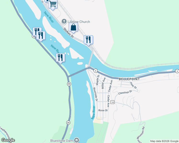 map of restaurants, bars, coffee shops, grocery stores, and more near Central Avenue in Hinton