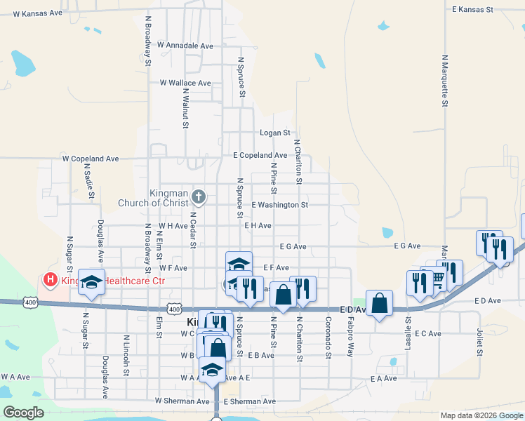 map of restaurants, bars, coffee shops, grocery stores, and more near 231-299 East Washington Street in Kingman