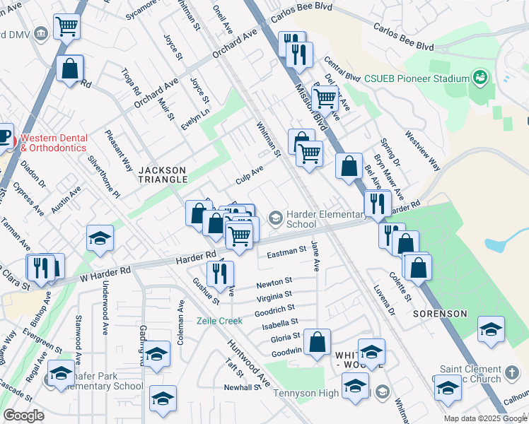 map of restaurants, bars, coffee shops, grocery stores, and more near 25696 Lander Avenue in Hayward