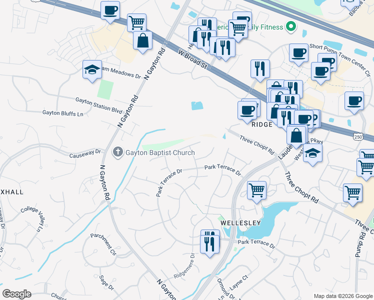 map of restaurants, bars, coffee shops, grocery stores, and more near 3816 Springrock Drive in Richmond