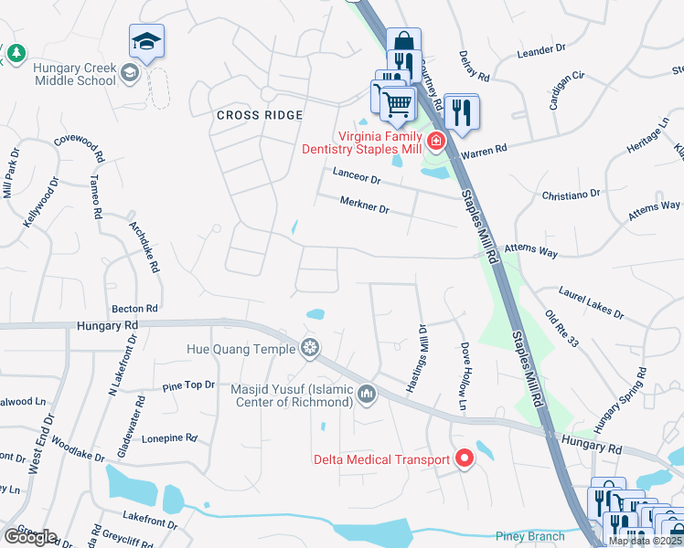 map of restaurants, bars, coffee shops, grocery stores, and more near 9917 Wares Wharf Circle in Glen Allen