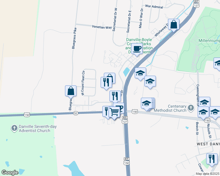map of restaurants, bars, coffee shops, grocery stores, and more near 1041 Ben Ali Drive in Danville