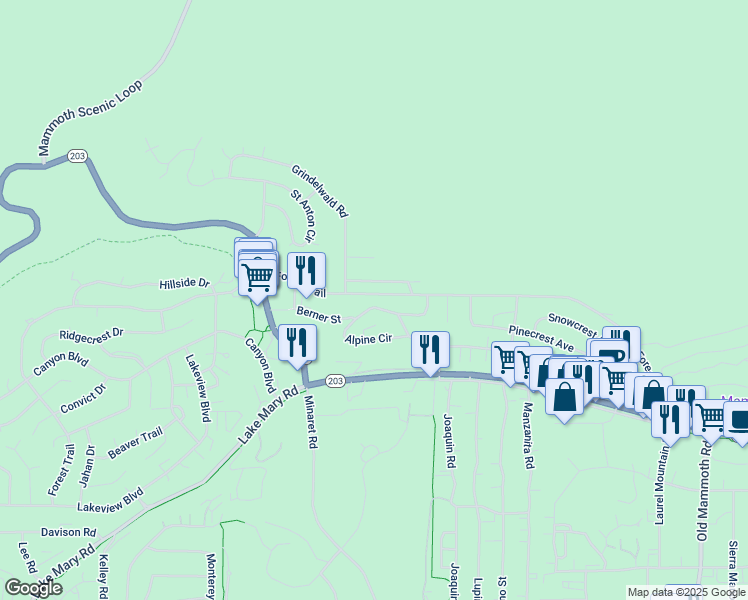 map of restaurants, bars, coffee shops, grocery stores, and more near 801 Forest Trail in Mammoth Lakes