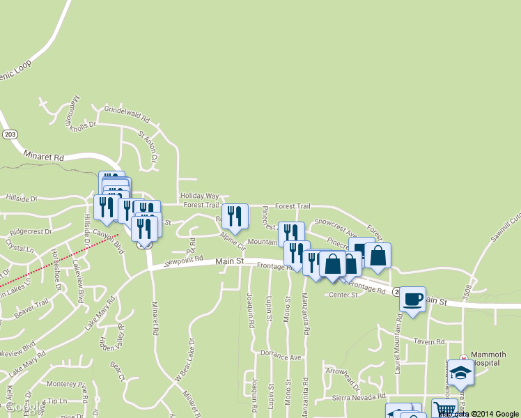 map of restaurants, bars, coffee shops, grocery stores, and more near 601 Forest Trail in Mammoth Lakes