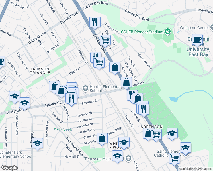 map of restaurants, bars, coffee shops, grocery stores, and more near 211 Fanuncio Lane in Hayward