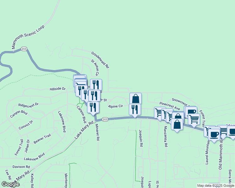 map of restaurants, bars, coffee shops, grocery stores, and more near 801-817 Forest Trail in Mammoth Lakes