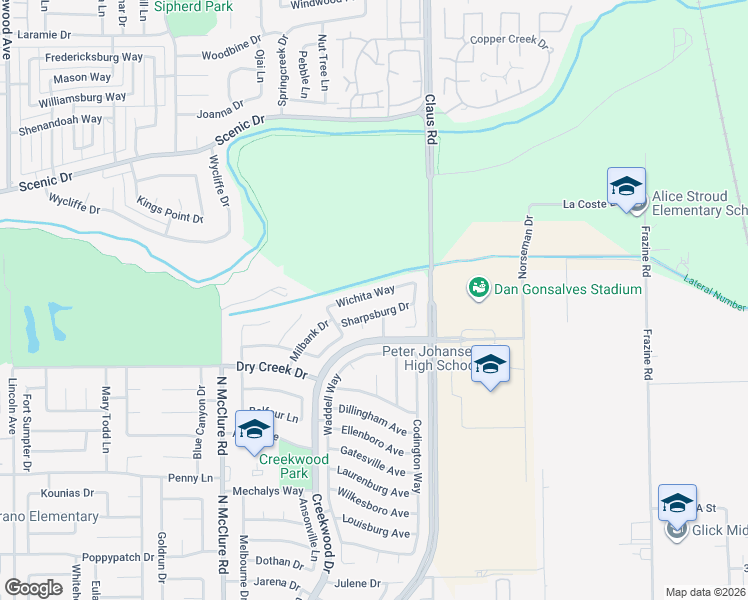 map of restaurants, bars, coffee shops, grocery stores, and more near 3809 Wichita Way in Modesto