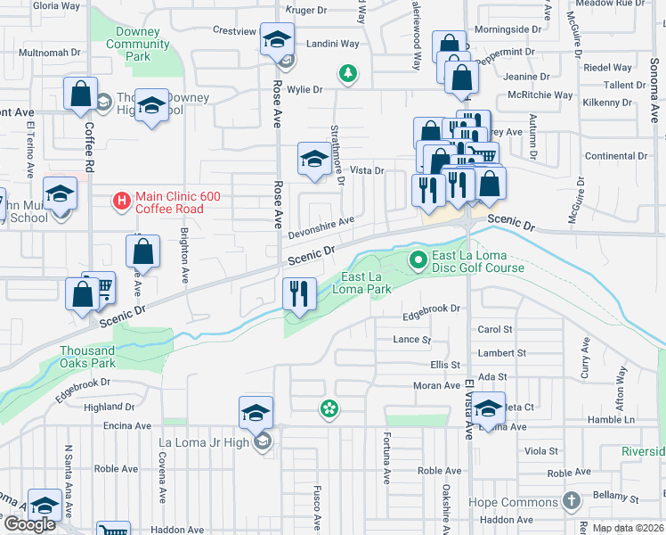 map of restaurants, bars, coffee shops, grocery stores, and more near 1852 Scenic Drive in Modesto