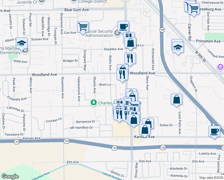 map of restaurants, bars, coffee shops, grocery stores, and more near 1209 Diablo Avenue in Modesto