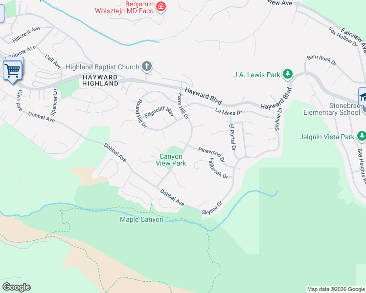 map of restaurants, bars, coffee shops, grocery stores, and more near 3389 Pinewood Court in Hayward