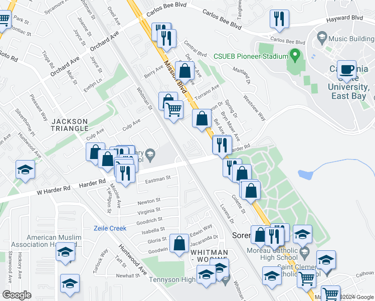 map of restaurants, bars, coffee shops, grocery stores, and more near 211 Fanuncio Lane in Hayward