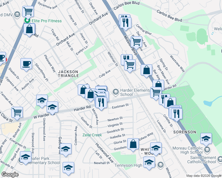 map of restaurants, bars, coffee shops, grocery stores, and more near 25677 Lander Avenue in Hayward