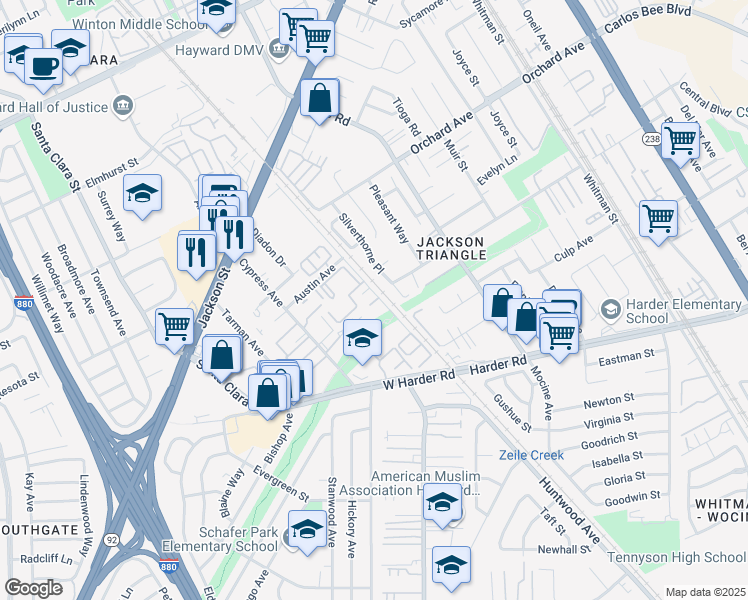 map of restaurants, bars, coffee shops, grocery stores, and more near 25147 Huntwood Avenue in Hayward