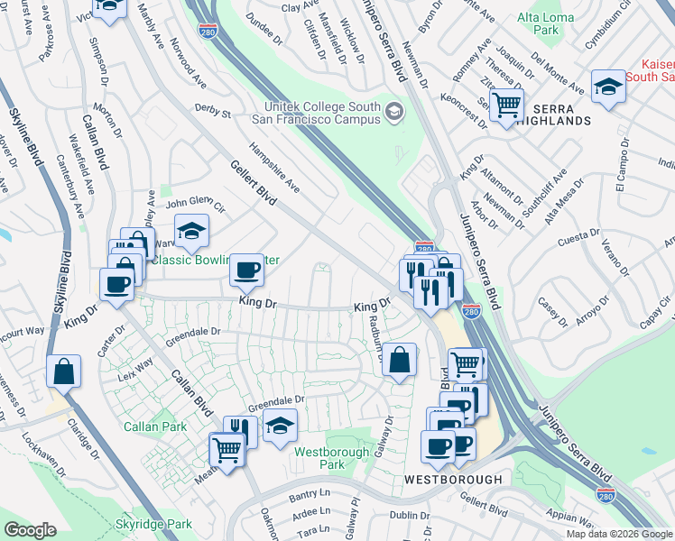 map of restaurants, bars, coffee shops, grocery stores, and more near 44 Camelot Court in Daly City
