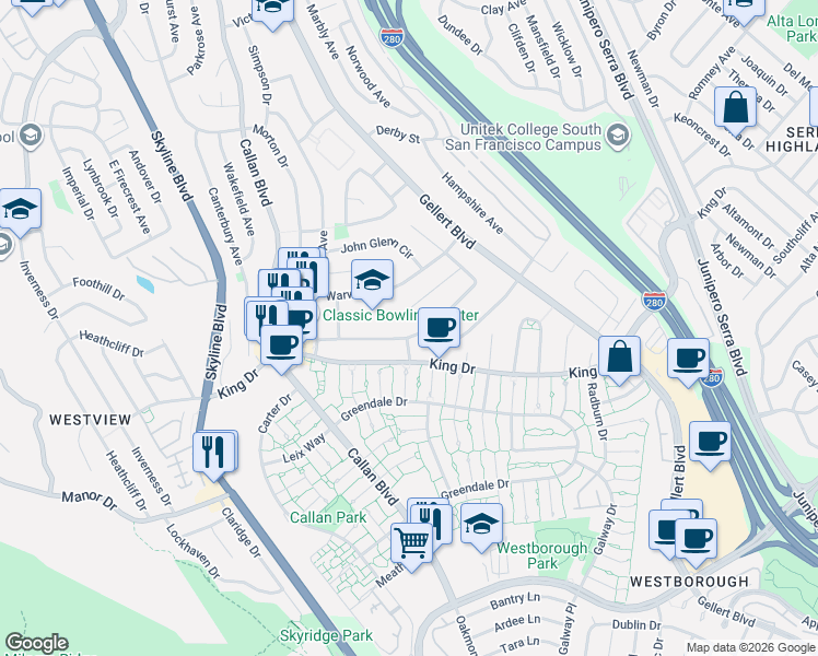map of restaurants, bars, coffee shops, grocery stores, and more near 97 Wessix Court in Daly City