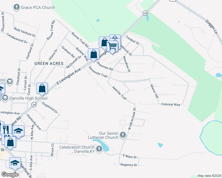map of restaurants, bars, coffee shops, grocery stores, and more near 606 Apache Trail in Danville