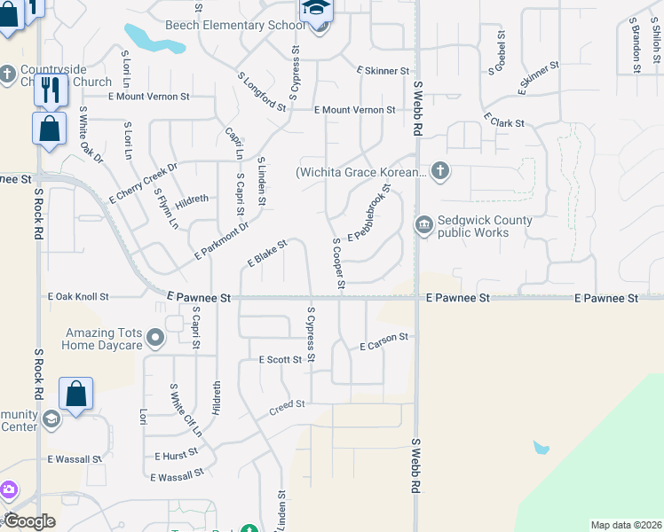 map of restaurants, bars, coffee shops, grocery stores, and more near 2236-2298 S Cooper St in Wichita