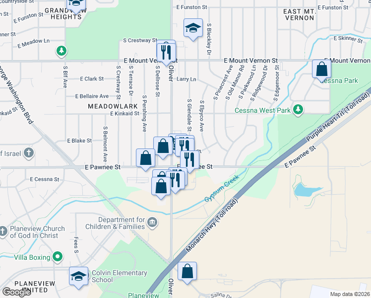 map of restaurants, bars, coffee shops, grocery stores, and more near 2290 Oliver in Wichita
