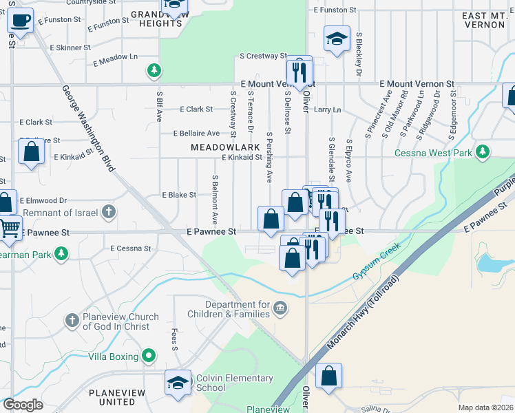 map of restaurants, bars, coffee shops, grocery stores, and more near 2311-2323 S Terrace Dr in Wichita