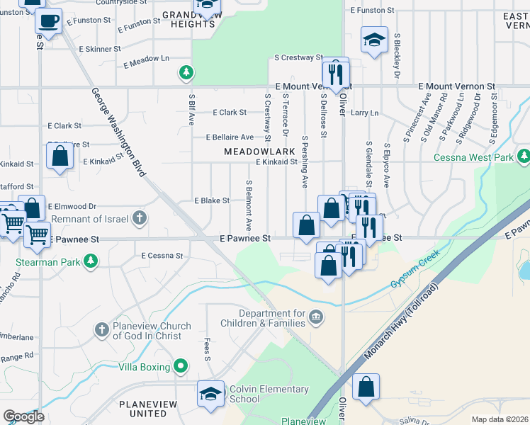 map of restaurants, bars, coffee shops, grocery stores, and more near 2311 South Crestway Street in Wichita
