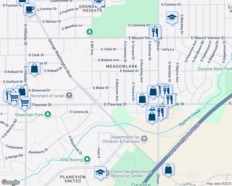 map of restaurants, bars, coffee shops, grocery stores, and more near 2308 South Broadview Street in Wichita