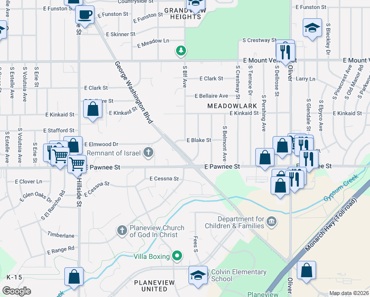 map of restaurants, bars, coffee shops, grocery stores, and more near 2302 S George Washington Dr in Wichita