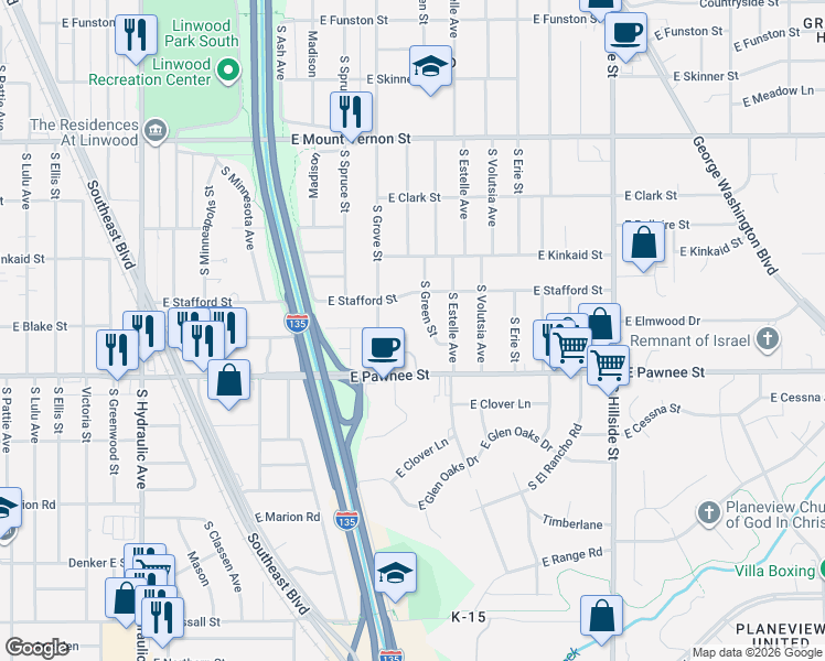 map of restaurants, bars, coffee shops, grocery stores, and more near 2325-2331 South Green Street in Wichita