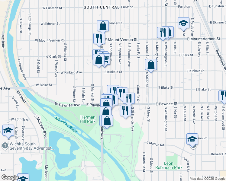 map of restaurants, bars, coffee shops, grocery stores, and more near East Blake Street in Wichita