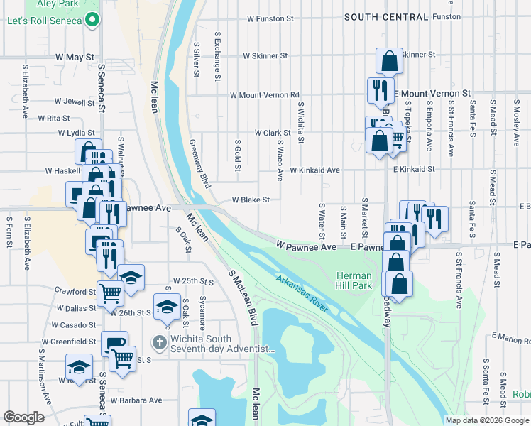 map of restaurants, bars, coffee shops, grocery stores, and more near 417 West Blake Street in Wichita