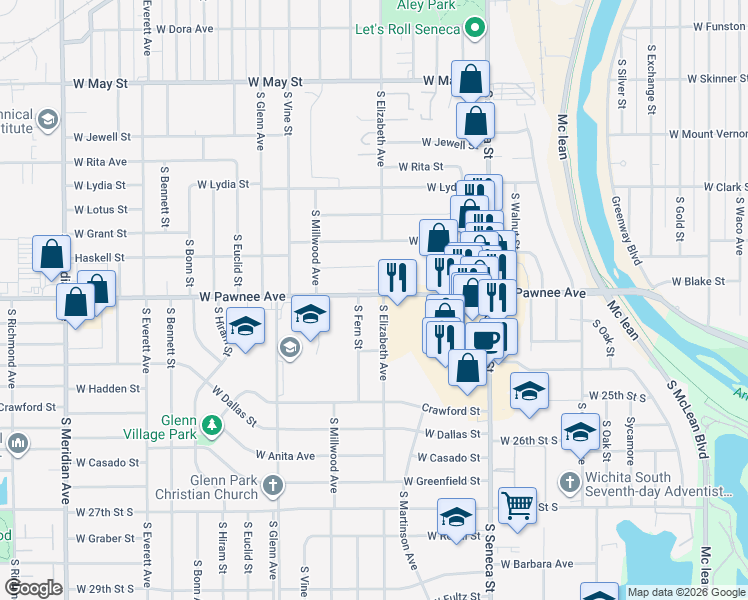 map of restaurants, bars, coffee shops, grocery stores, and more near 1503 West Pawnee Street in Wichita