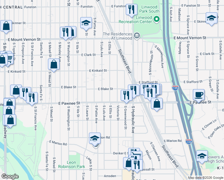 map of restaurants, bars, coffee shops, grocery stores, and more near 1500-1548 East Blake Street in Wichita