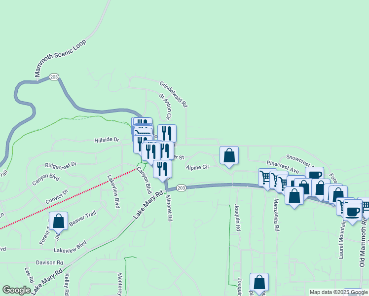 map of restaurants, bars, coffee shops, grocery stores, and more near 879 Forest Trail in Mammoth Lakes