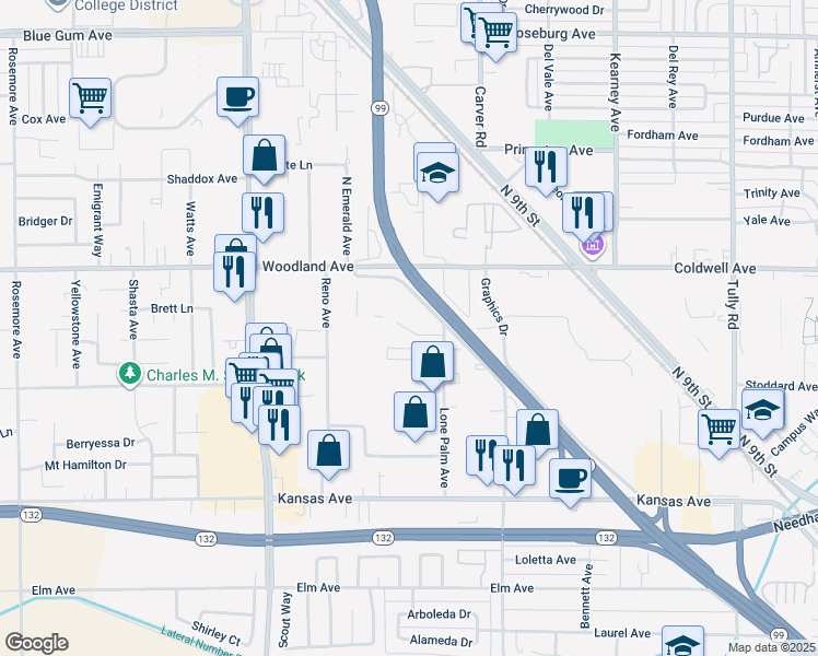 map of restaurants, bars, coffee shops, grocery stores, and more near 1121 Lone Palm Avenue in Modesto