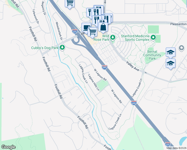 map of restaurants, bars, coffee shops, grocery stores, and more near 7193 Rosecliff Court in Pleasanton