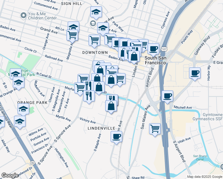 map of restaurants, bars, coffee shops, grocery stores, and more near 408 North Canal Street in South San Francisco