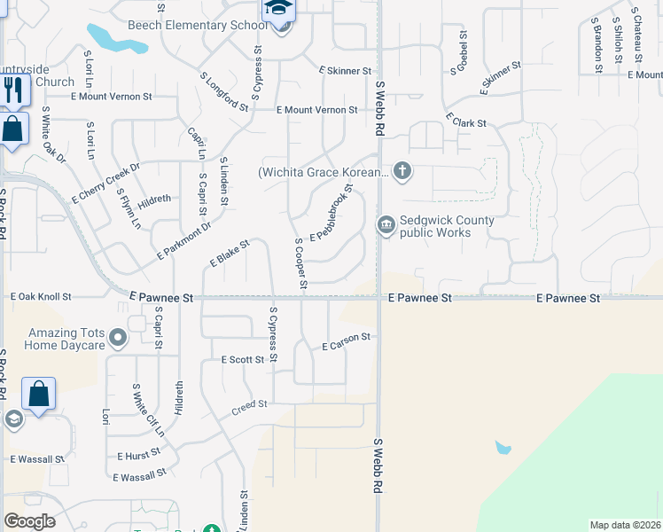 map of restaurants, bars, coffee shops, grocery stores, and more near 9403 East Elmwood Street in Wichita