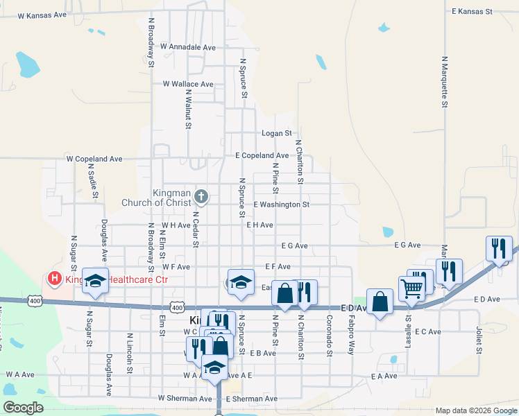 map of restaurants, bars, coffee shops, grocery stores, and more near 231 East Washington Street in Kingman
