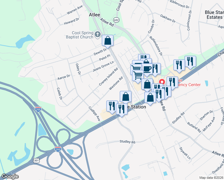 map of restaurants, bars, coffee shops, grocery stores, and more near 9031 Westone Road in Mechanicsville