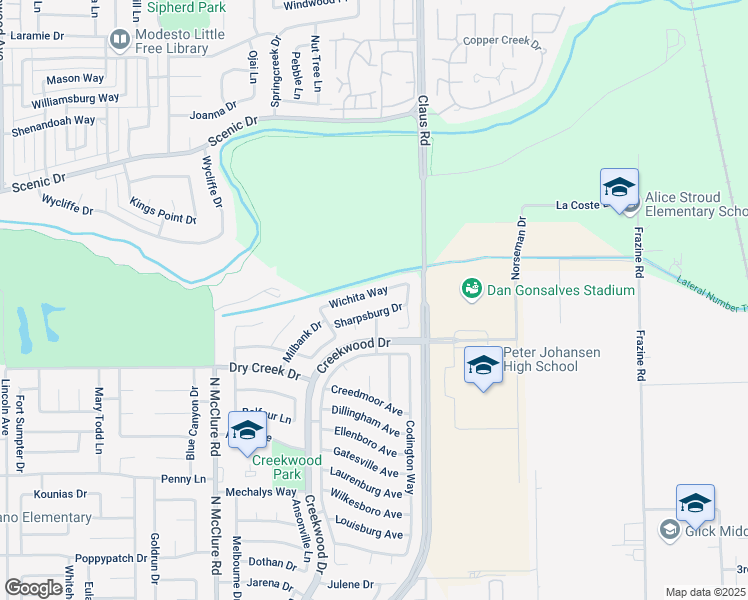 map of restaurants, bars, coffee shops, grocery stores, and more near 3824 Wichita Way in Modesto