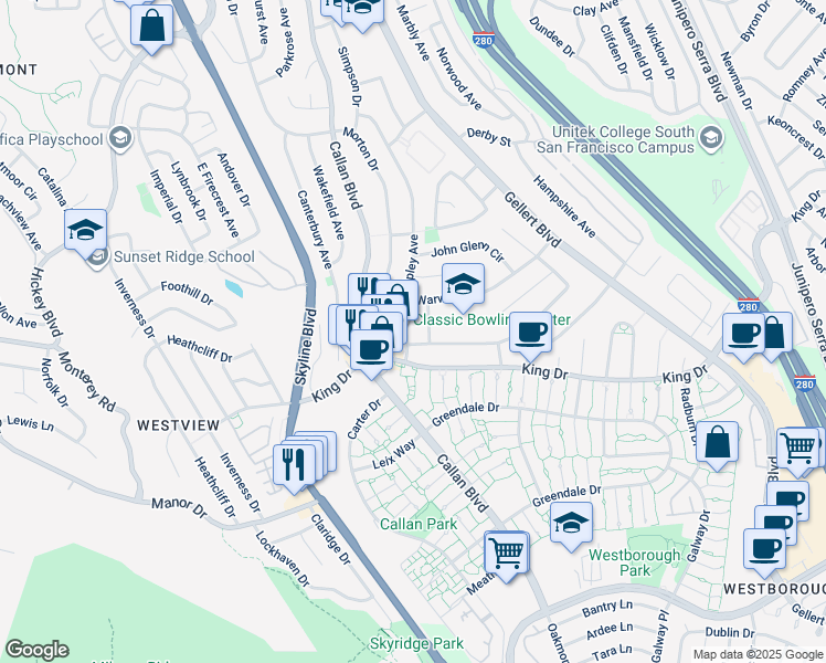 map of restaurants, bars, coffee shops, grocery stores, and more near 359 Shipley Avenue in Daly City