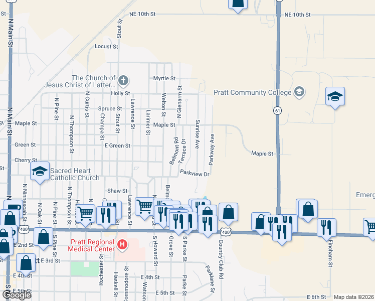 map of restaurants, bars, coffee shops, grocery stores, and more near 522-562 Terrace Drive in Pratt