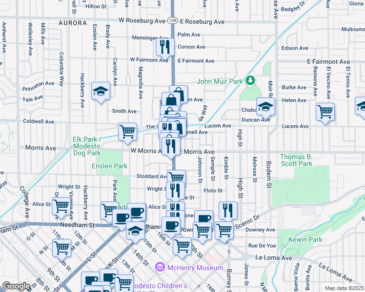 map of restaurants, bars, coffee shops, grocery stores, and more near 115 East Morris Avenue in Modesto