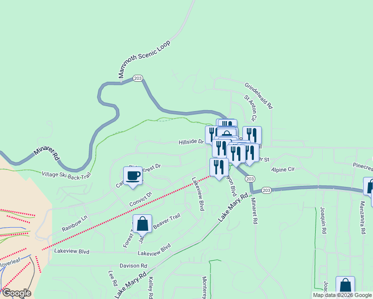 map of restaurants, bars, coffee shops, grocery stores, and more near 303 Hillside Drive in Mammoth Lakes