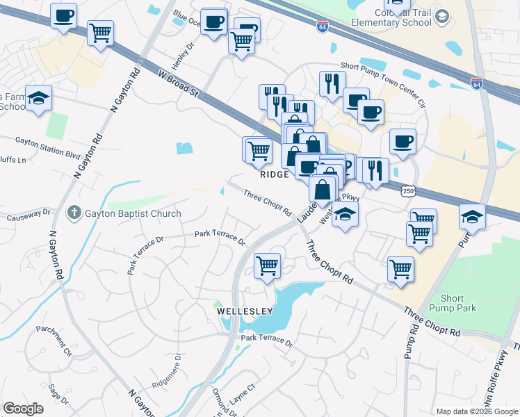 map of restaurants, bars, coffee shops, grocery stores, and more near 12651 Three Chopt Road in Henrico