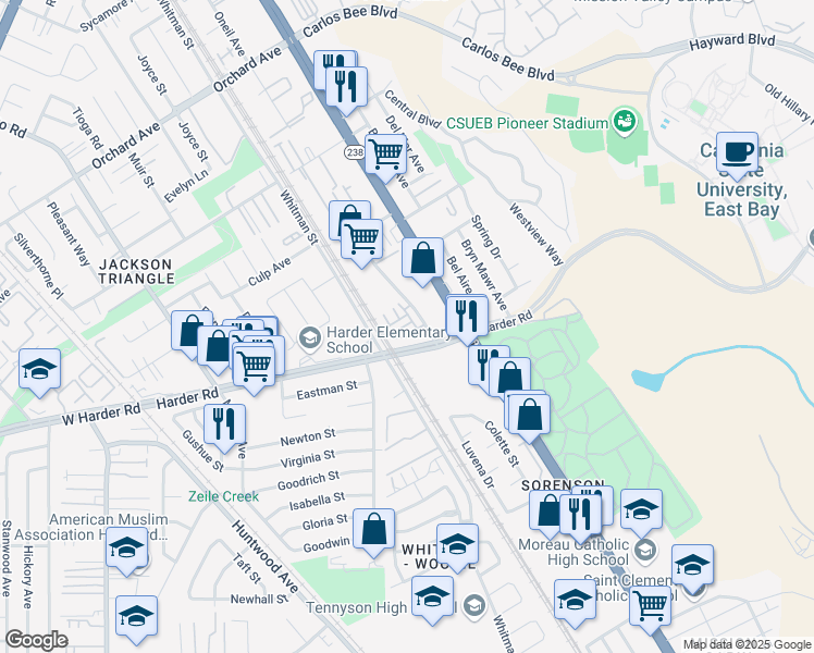 map of restaurants, bars, coffee shops, grocery stores, and more near 211 Fanuncio Lane in Hayward